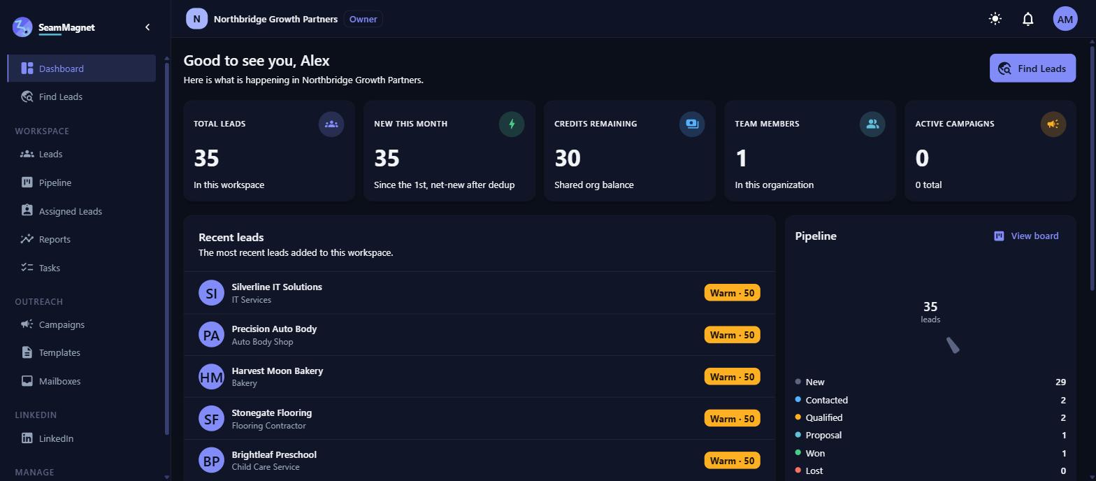 SeamMagnet dashboard with pipeline and recent leads