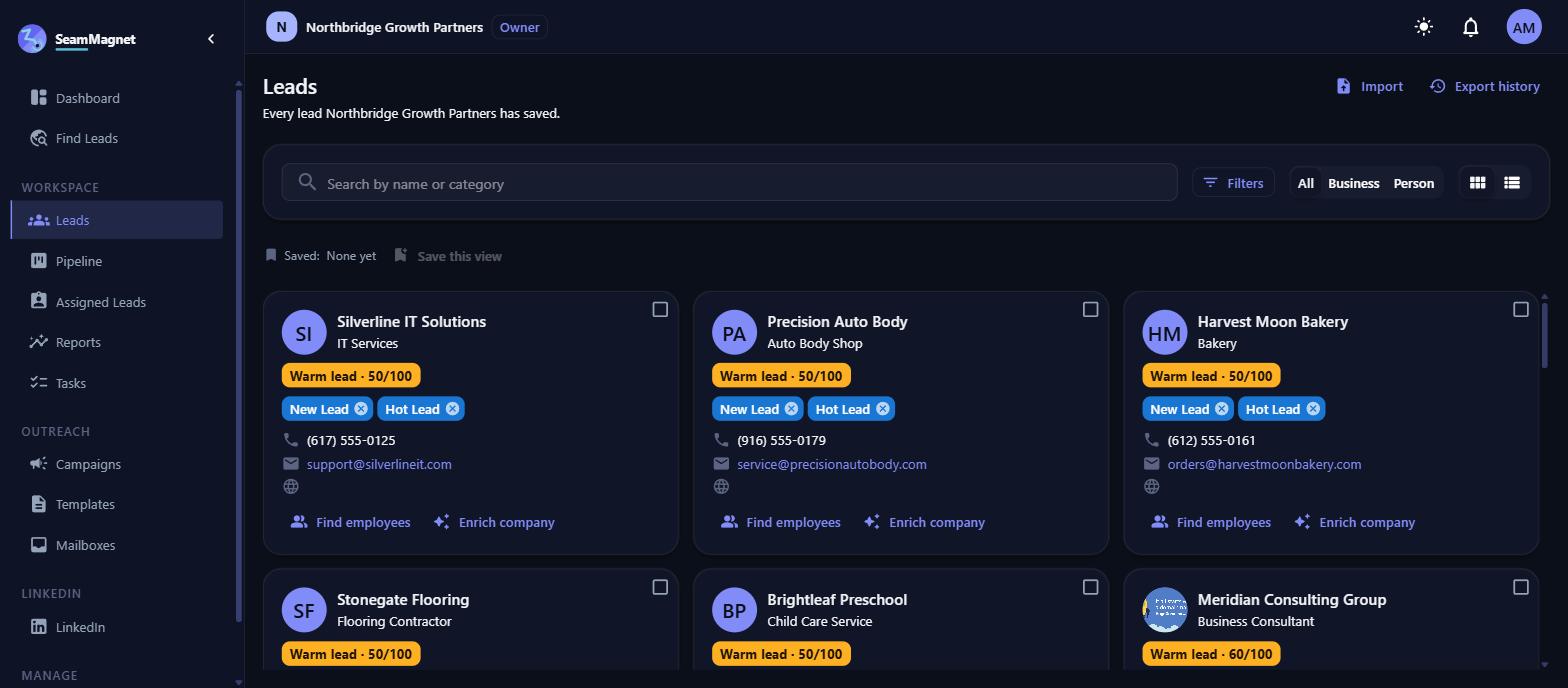 SeamMagnet saved leads list with tags and filters