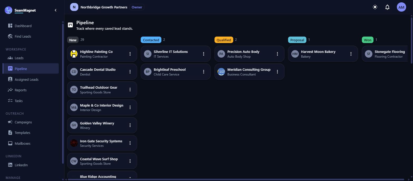 SeamMagnet shared lead pipeline with stages and bulk actions